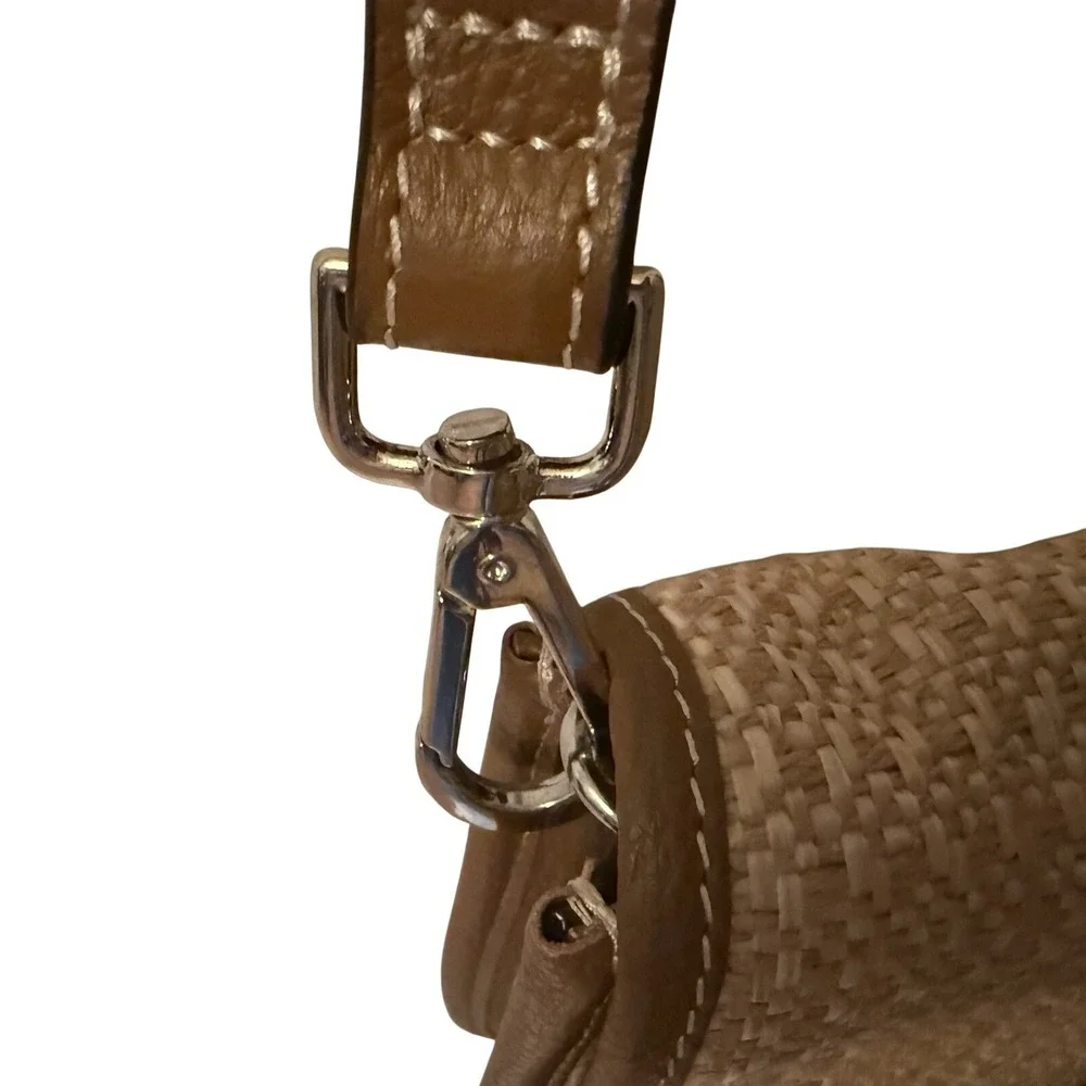 J. Jill Woven Straw Brown Leather‎ Crossbody Saddle Bag Summer Chic Straw Trend